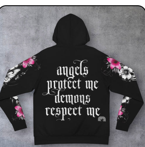 Gothic Crown Hoodie — "Angels Protect Me, Demons Respect Me" Floral Sleeve Design