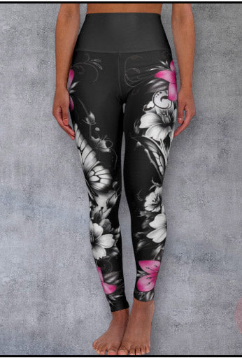 High-Waist Floral Yoga Leggings — Black & Pink Blossoms