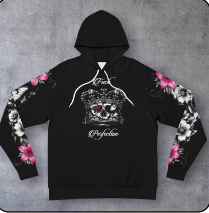 Gothic Crown Hoodie — "Angels Protect Me, Demons Respect Me" Floral Sleeve Design