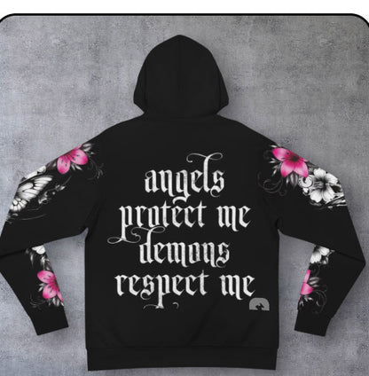 Gothic Crown Hoodie — "Angels Protect Me, Demons Respect Me" Floral Sleeve Design
