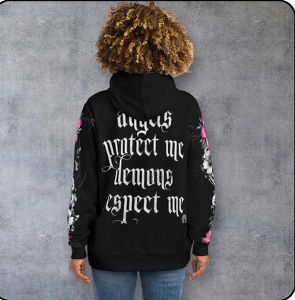 Gothic Crown Hoodie — "Angels Protect Me, Demons Respect Me" Floral Sleeve Design